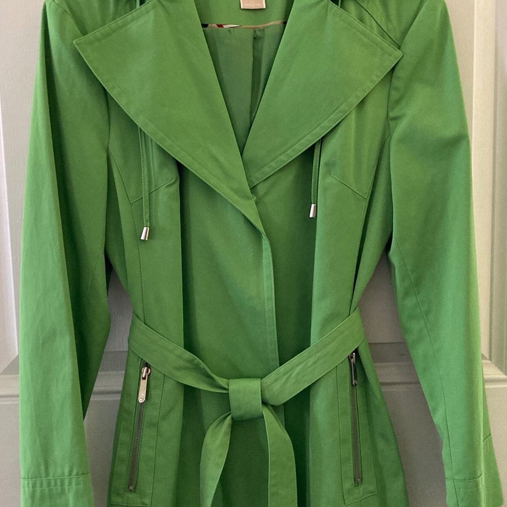 Michael Kors Trench Coat/Snap Front/Tie Belt/Detachable Hood/Green/Large/NEW! - Picture 4 of 7